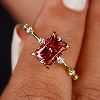 Stylish synthetic gemstone engagement ring, princess square cut, four-claw setting, copper bottom, perfect for weddings, anniversaries, Valentine's Day and parties