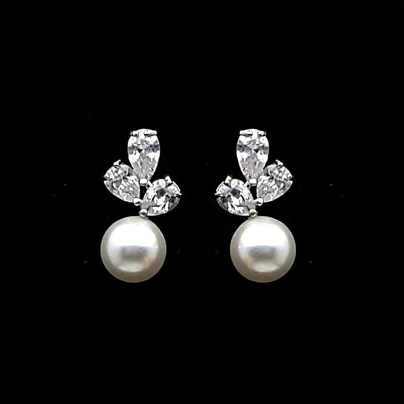 Imitation Pearl Pendant Shiny Zirconia Trim Stud Earrings Vintage Elegant Style Silver Plated Jewelry Wedding Accessories