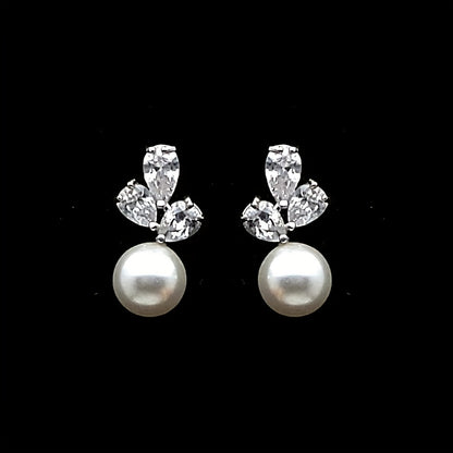 Imitation Pearl Pendant Shiny Zirconia Trim Stud Earrings Vintage Elegant Style Silver Plated Jewelry Wedding Accessories