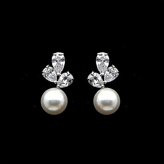 Imitation Pearl Pendant Shiny Zirconia Trim Stud Earrings Vintage Elegant Style Silver Plated Jewelry Wedding Accessories
