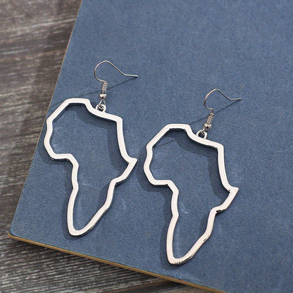Africa map design pendant earrings, silver-plated alloy, retro minimalist style, women's gifts