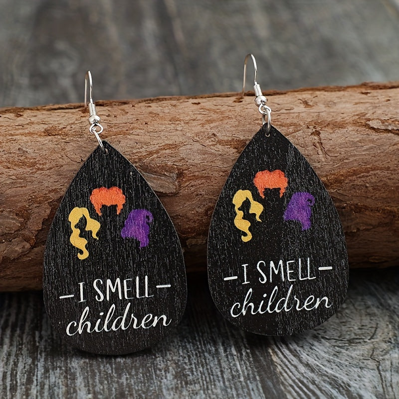 Vintage Wooden Halloween Drop Earrings - Classic Tear Drop Design for Ladies, Perfect for Daily Wear and Holiday Celebrations