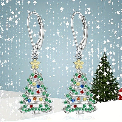 Festive, elegant Christmas tree pendant earrings set with shiny cubic zirconia - nickel-free copper for everyday wear and parties