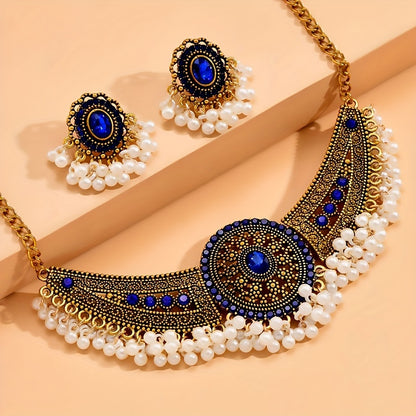 Bollywood Style 1 Pair Of Earrings + 1 Choker Vintage Jewelry Set Tribal Design 14k Gold Plated Inlaid Rhinestone Red Or Blue Make Your Call Match Daily Outfits