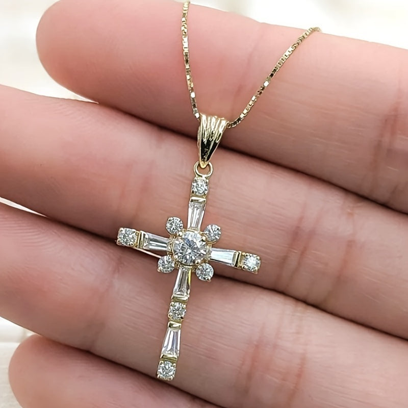 Elegant cross pendant necklace inlaid with zircon, fashionable princess necklace accessory, suitable for women