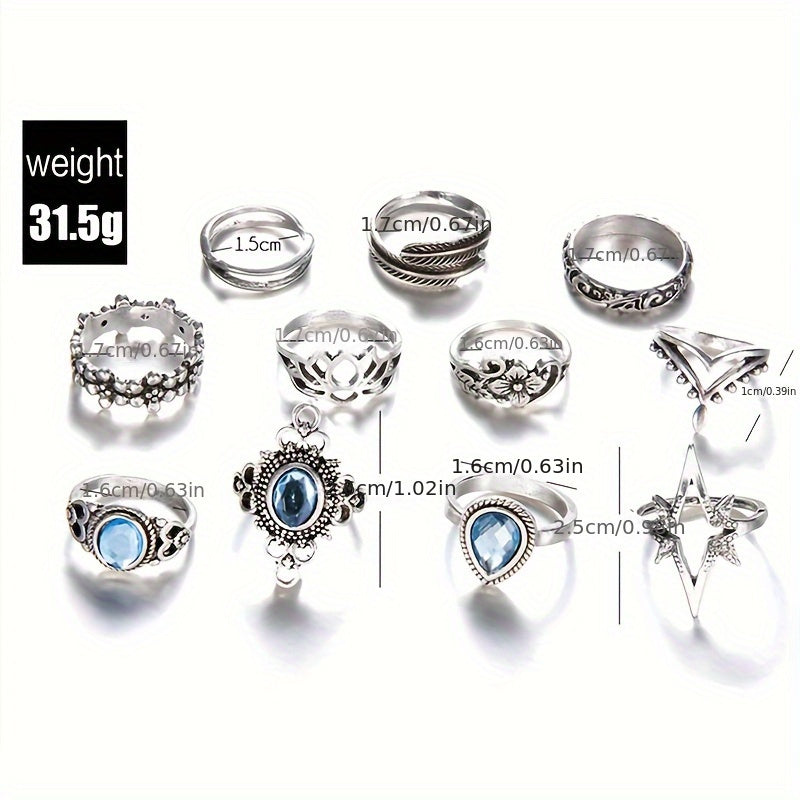 11-Piece Bohemian ring set, classic silver-plated alloy, with faux crystal parquet, vintage engraved flower design, inlaid with rhinestones