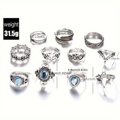 11-Piece Bohemian ring set, classic silver-plated alloy, with faux crystal parquet, vintage engraved flower design, inlaid with rhinestones