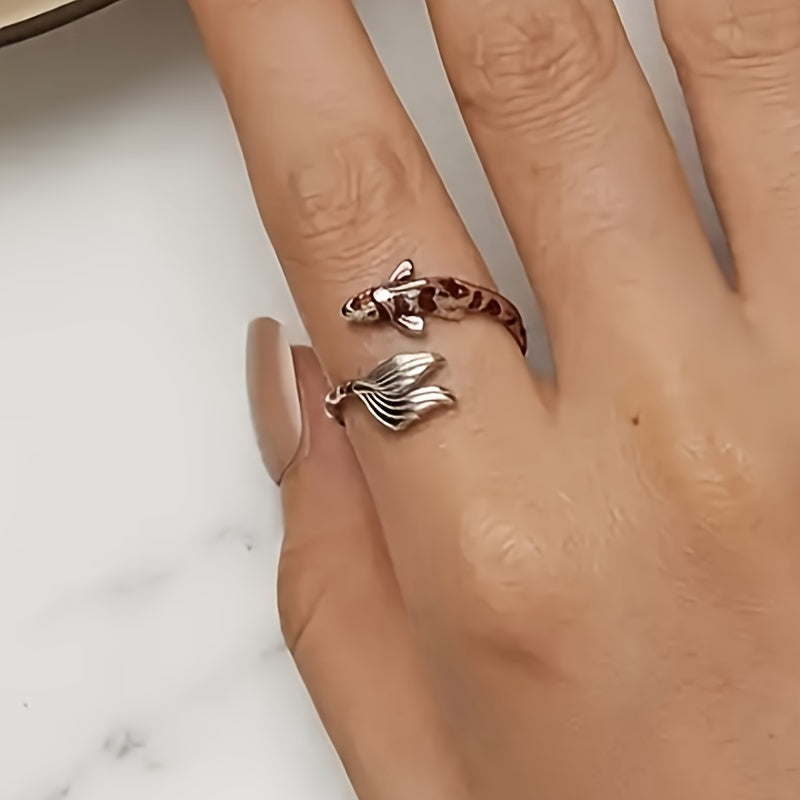 Elegant Koi Fish Enamel Open Ring for Women, Adjustable Personality Ring, Synthetic Zirconia Copper Bottom, April Birthstone, Party and Casual Attire Accessories, Unique Vacation Style Animal Themed Jewelry