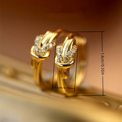 Compact twisted knot design ring earrings, copper jewelry, zircon inlaid, elegant casual style, women's daily wear