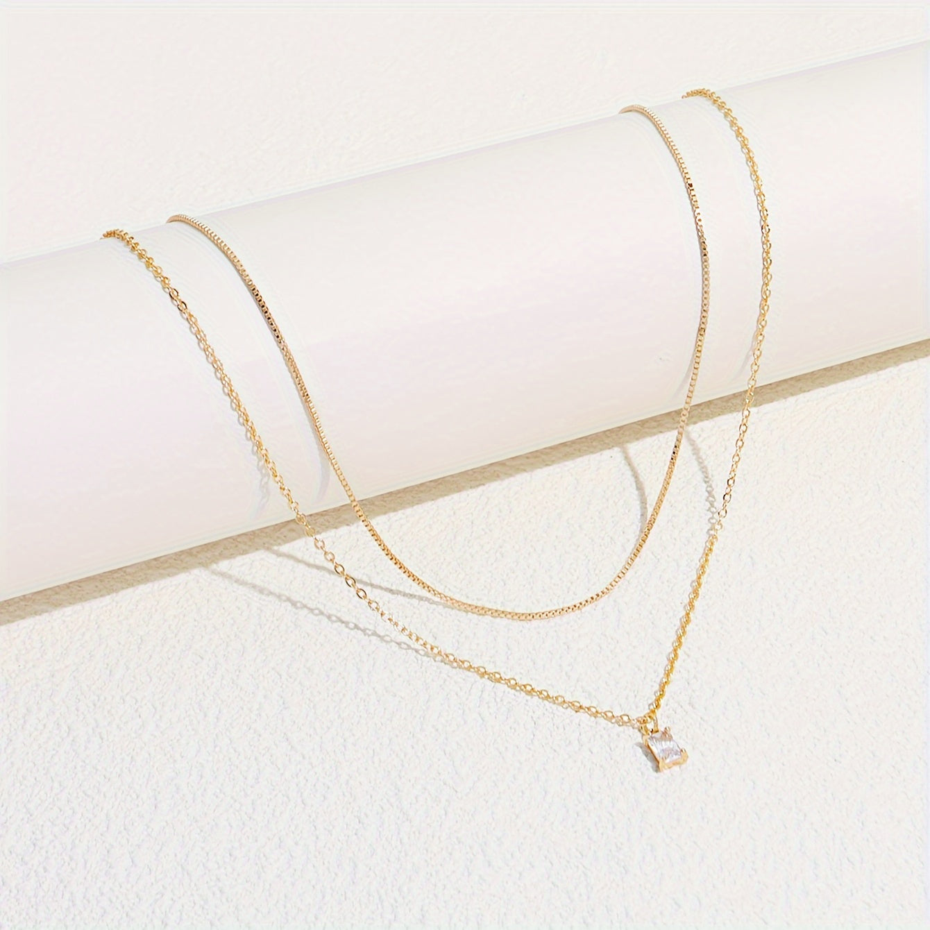 Elegant Square Zirconia Pendant Double Necklace Women's Daily Date Jewelry