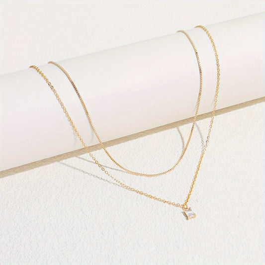 Elegant Square Zirconia Pendant Double Necklace Women's Daily Date Jewelry