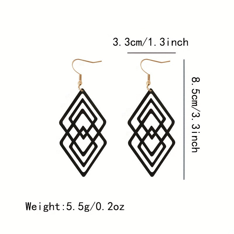 Hollow rhombus design black pendant earrings retro minimalist style acrylic jewelry fashion women's gift