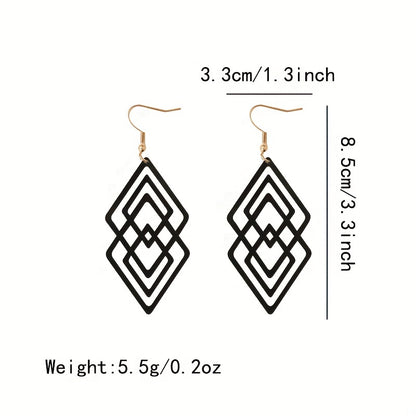 Hollow rhombus design black pendant earrings retro minimalist style acrylic jewelry fashion women's gift