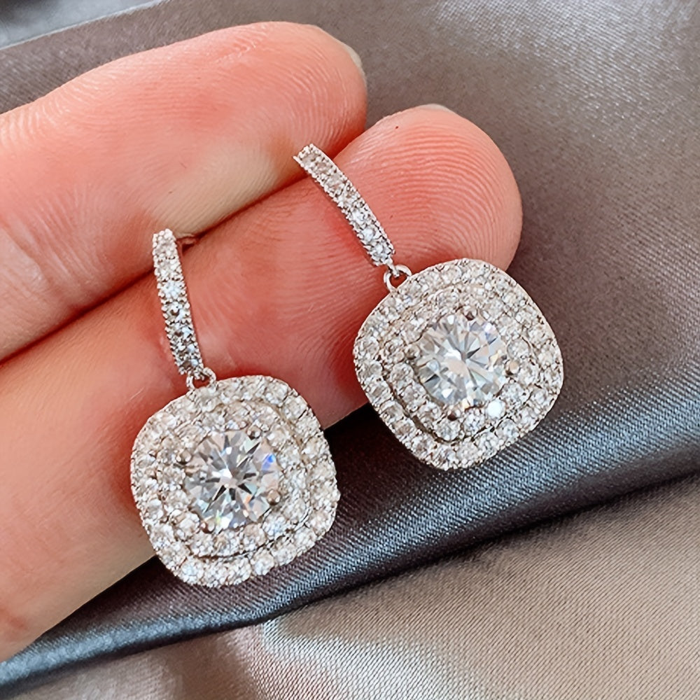 Square zircon pendant earrings, vintage elegance, silver-plated jewelry, wedding banquet accessories.