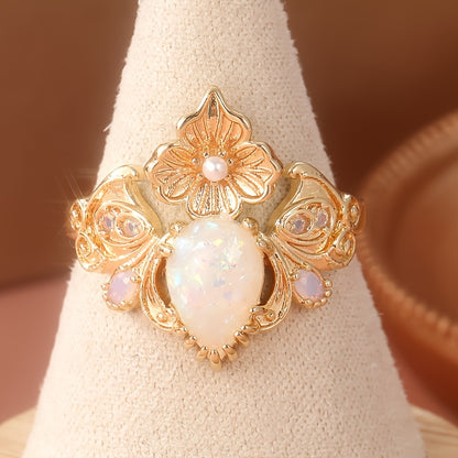 Vintage bohemian 14K gold-plated copper ring with handmade floral design and opal inlay for Casual Attire and gift giving, the perfect Christmas jewelry gift