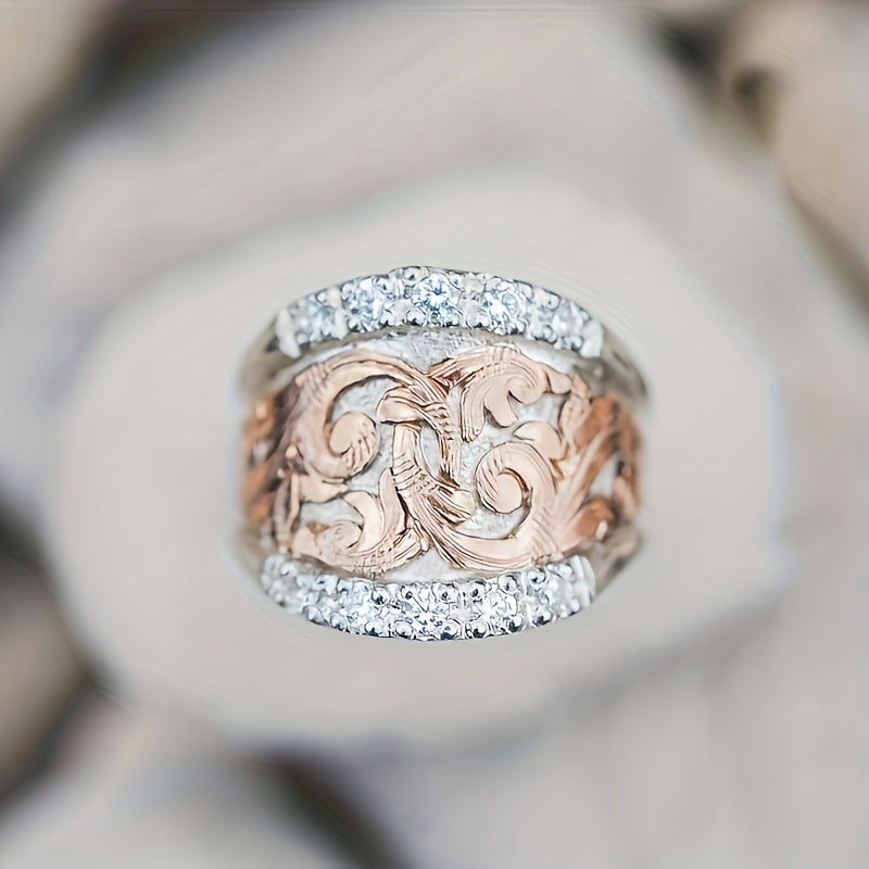 Elegant broadband rings, delicate floral engravings and sparkling square crystal Zirconia accents - retro ethnic style for Casual Attire and special occasions