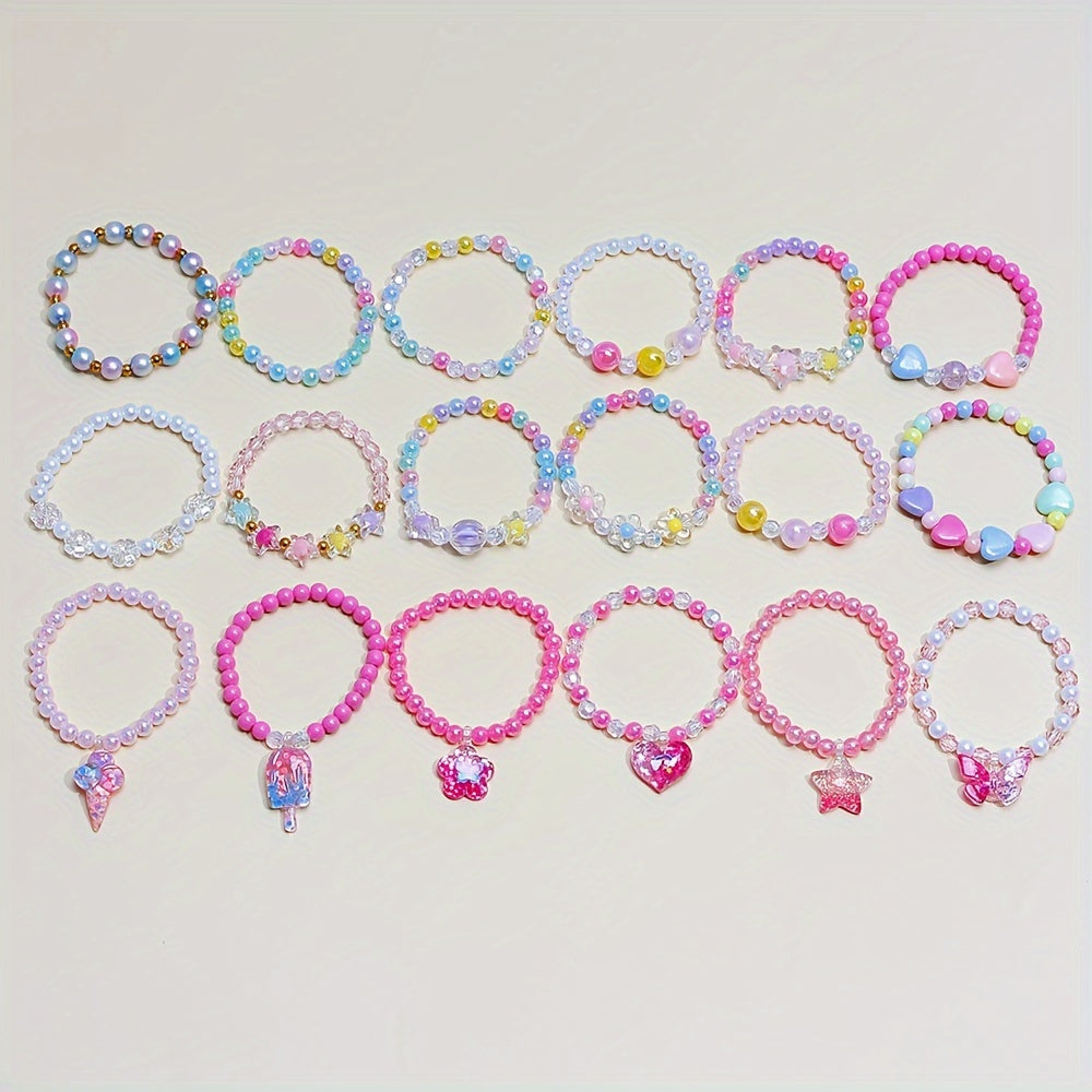18-Piece Girl Charm Bracelet Set with Cute Butterflies, Flowers and Heart Pendants - Colored Bead Bracelet for Parties and Birthdays