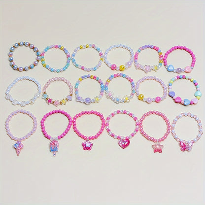 18-Piece Girl Charm Bracelet Set with Cute Butterflies, Flowers and Heart Pendants - Colored Bead Bracelet for Parties and Birthdays