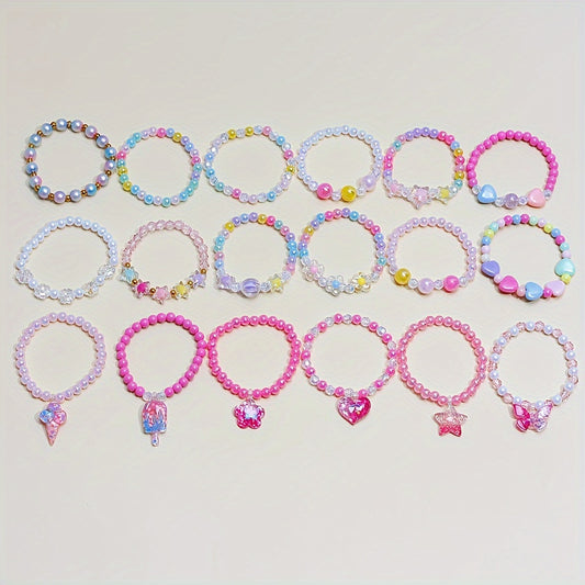 18-Piece Girl Charm Bracelet Set with Cute Butterflies, Flowers and Heart Pendants - Colored Bead Bracelet for Parties and Birthdays