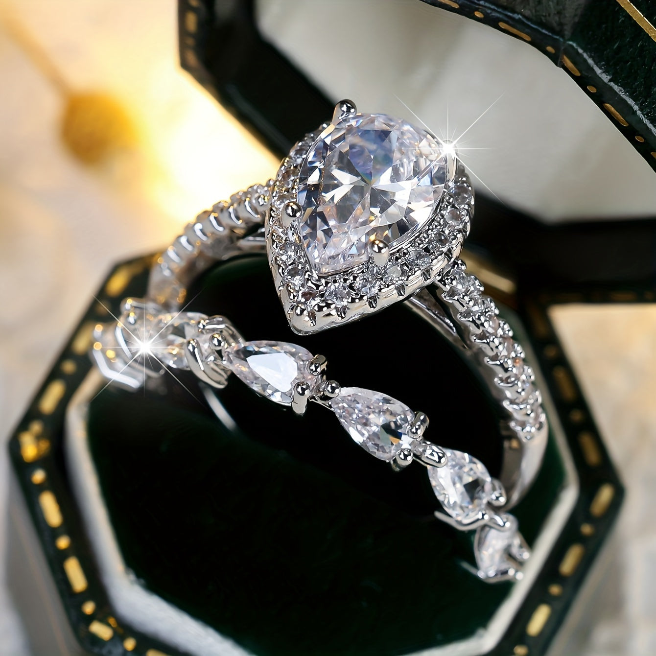 Vintage Elegant Bridal Ring Set with Pear Cut Cubic Zirconia and Copper Strap, Unplated, Zirconia Laid, Perfect for Weddings and Engagements - 2 Piece Set