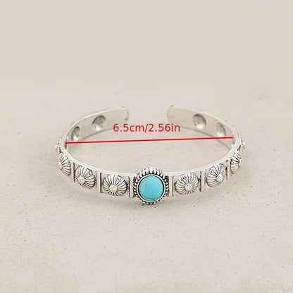 A vintage bohemian turquoise inlaid bracelet, alloy open bracelet, engraved floral design, fashion jewelry accessories