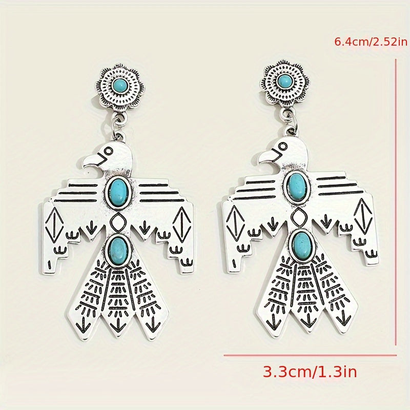Bohemian Vintage Eagle Totem Turquoise Pendant Earrings - Silver Plated, Stainless Steel Studs, Ladies Only | Perfect for Parties and Vacations