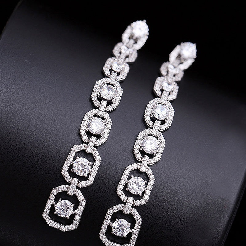 925 Silver Plated Long Zircon Ladies Pendant Earrings, Luxury Engagement Wedding Jewelry Gift