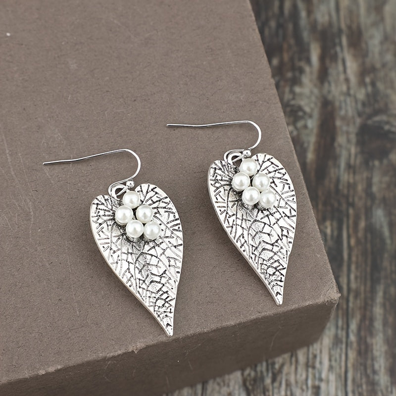Whimsical Glow, Stylish Vintage Heart & Leaf Pendant Earrings, Accessories Imitation Pearl - Silver Plated, Zinc Alloy, Casual Wear, Whimsical Earrings