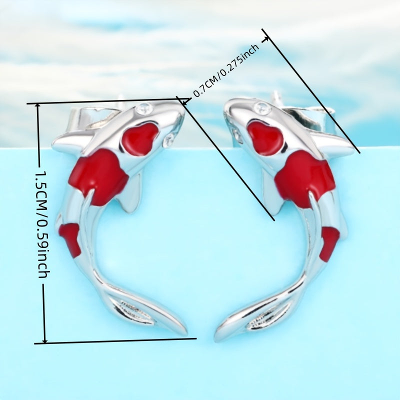 Ladies' elegant red koi fish stud earrings, chic minimalist style animal earrings, suitable for daily wear