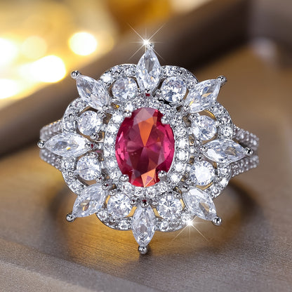 An elegant bohemian style engagement ring, copper with synthetic cubic zirconia, oval pink halo, full band of white water droplets, luxurious wedding, party, lady's birthday gifts