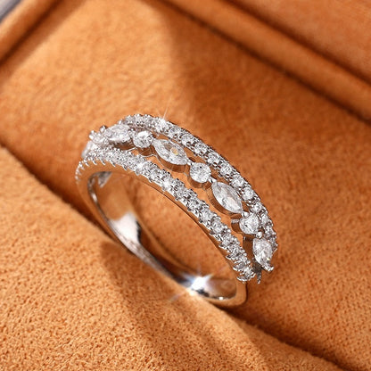3 Rows Shape Women's Ring 925 Silver Plated Geometric Round Zircon Women's Fashion Accessories Jewelry