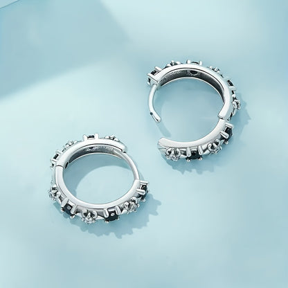 A pair of elegant Women's round earrings with black cubic Zirconia gemstones, simple and lovely style, silver round earrings for parties, banquets and everyday casual accessories