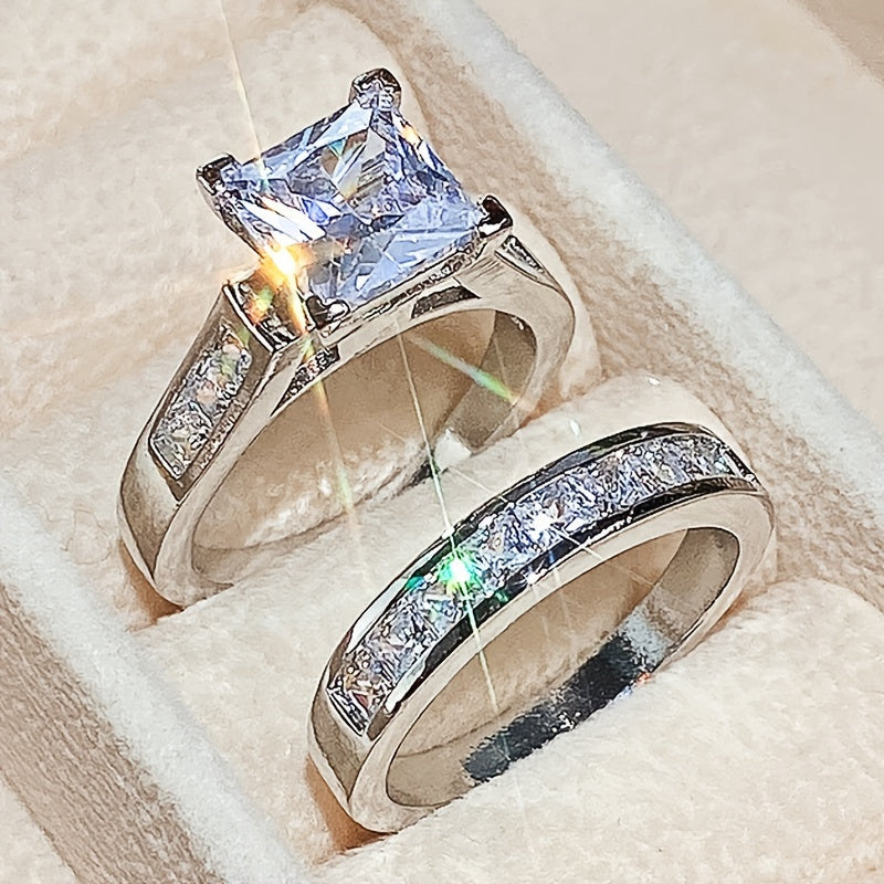 Elegant promise ring set with sparkling zircon, square design, engagement wedding ring, symbolizing elegance and beauty (excluding box)