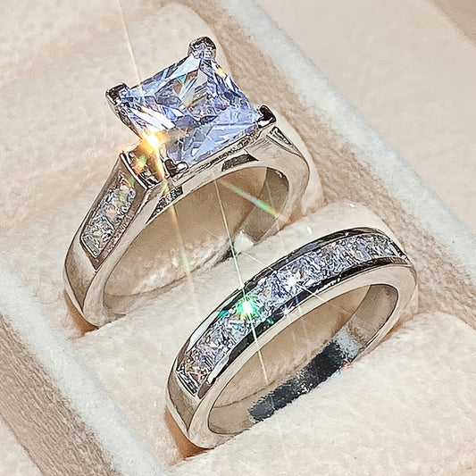 Elegant promise ring set with sparkling zircon, square design, engagement wedding ring, symbolizing elegance and beauty (excluding box)