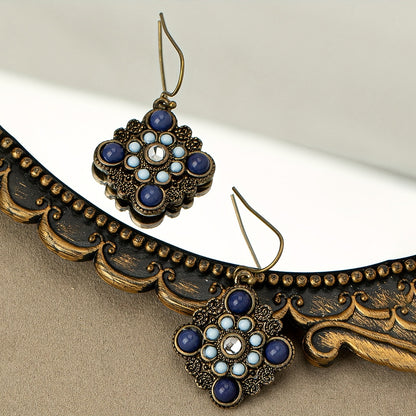 Blue patterned square pendant earrings