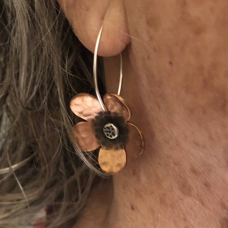 Antique red copper flower design earrings, retro ethnic style unique statement women's earrings