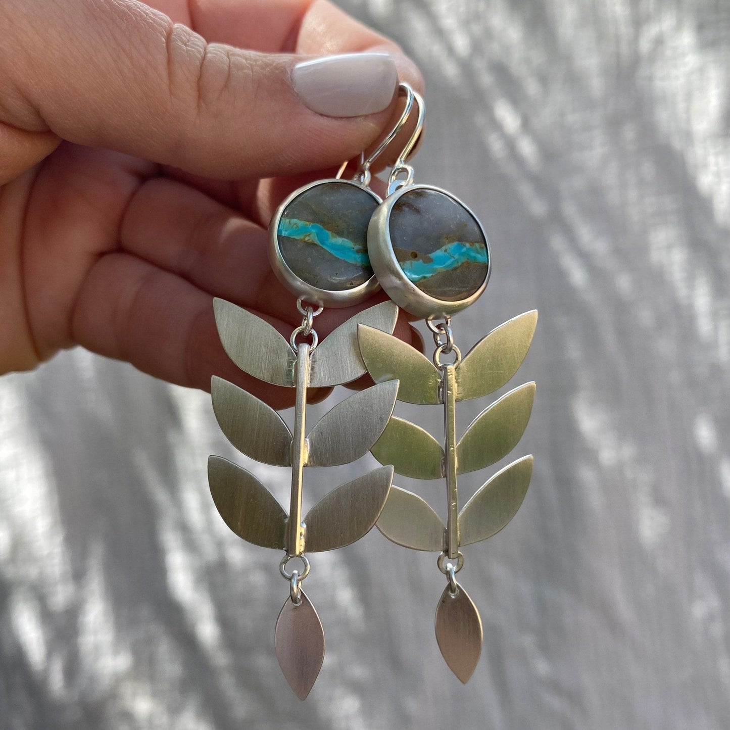 Retro ethnic style creative leaf fringed turquoise design pendant earrings zinc alloy silver plated women's jewelry