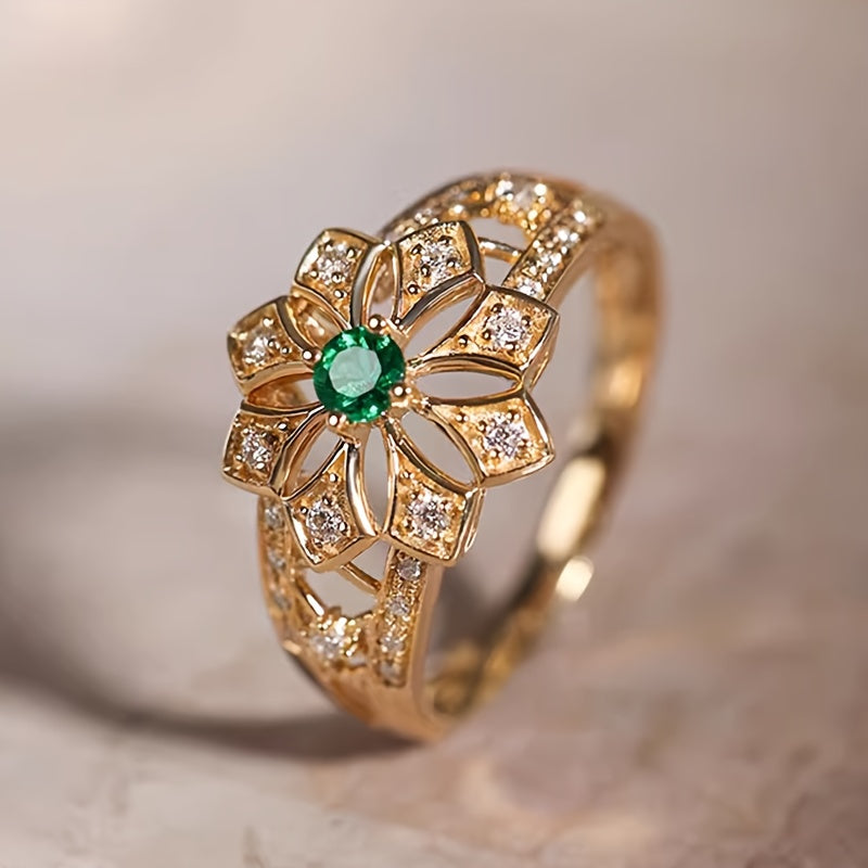 Vintage Hollow Inlaid Synthetic Emerald Synthetic Gemstone Flower Ring Ladies Wedding Daily Casual Wear Matching Jewelry Anniversary Gift
