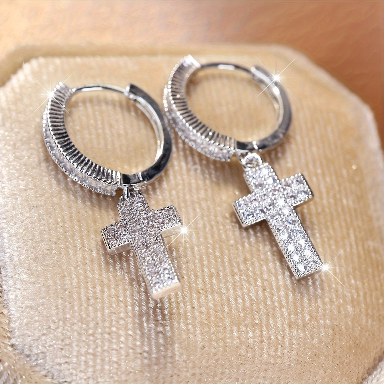 Pack of 2 Bohemian Elegant Cross Pendant Earrings, Synthetic Zircon, Copper Circle Ear Hooks, Women's Religious Jewelry