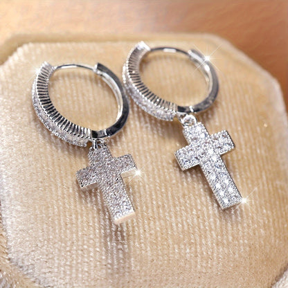 Pack of 2 Bohemian Elegant Cross Pendant Earrings, Synthetic Zircon, Copper Circle Ear Hooks, Women's Religious Jewelry
