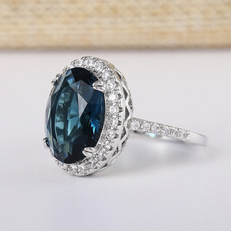 New Fashion 925 Silver Plated 4 Claw Oval Blue Gemstone Sub-Stone Zirconia Ring, Ladies Daily Casual Party Jewelry
