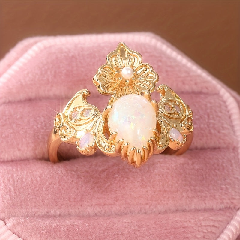 Vintage bohemian 14K gold-plated copper ring with handmade floral design and opal inlay for Casual Attire and gift giving, the perfect Christmas jewelry gift