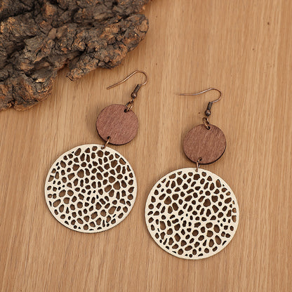 Hollow Round Pendant Earrings, Bohemian Vintage Wooden Leather Earrings, Jewelry, Ladies Gift Accessories, Fall/Winter Earrings