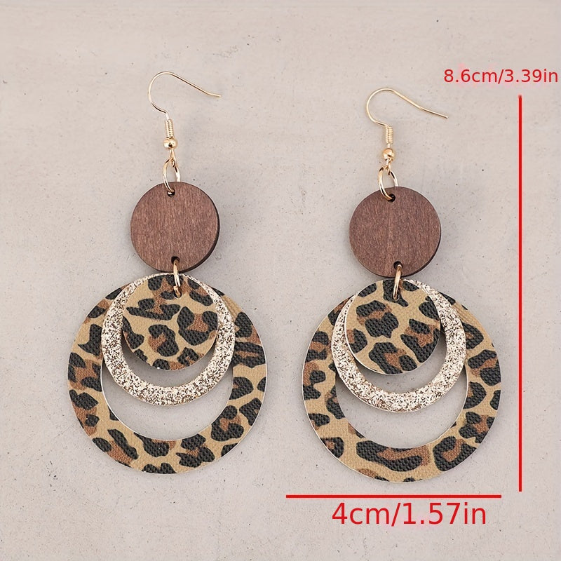 Cross-border new sexy hollow ring leopard print sequined splicing wooden PUPU leather earrings