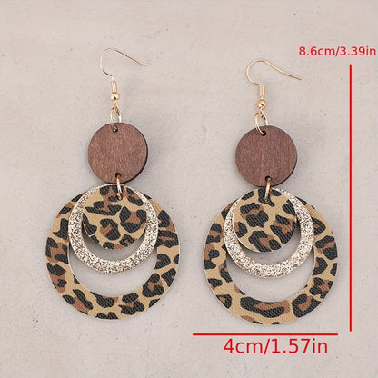 Cross-border new sexy hollow ring leopard print sequined splicing wooden PUPU leather earrings