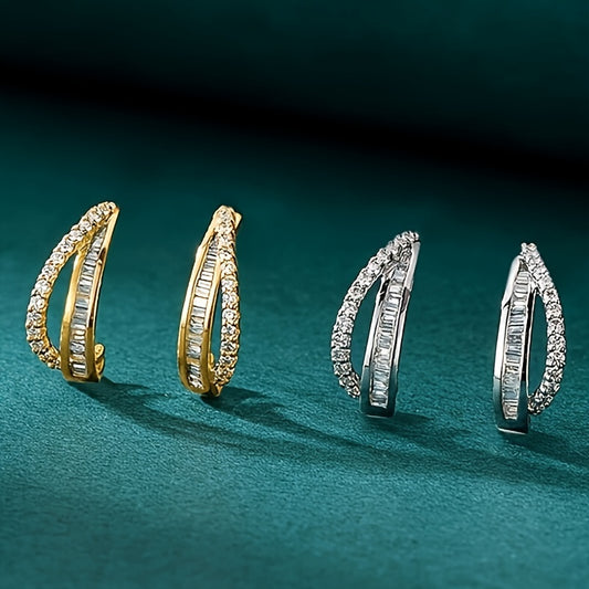 Stylish and simple geometric double curved micro-shop zircon earrings women's party vacation daily leisure accessories