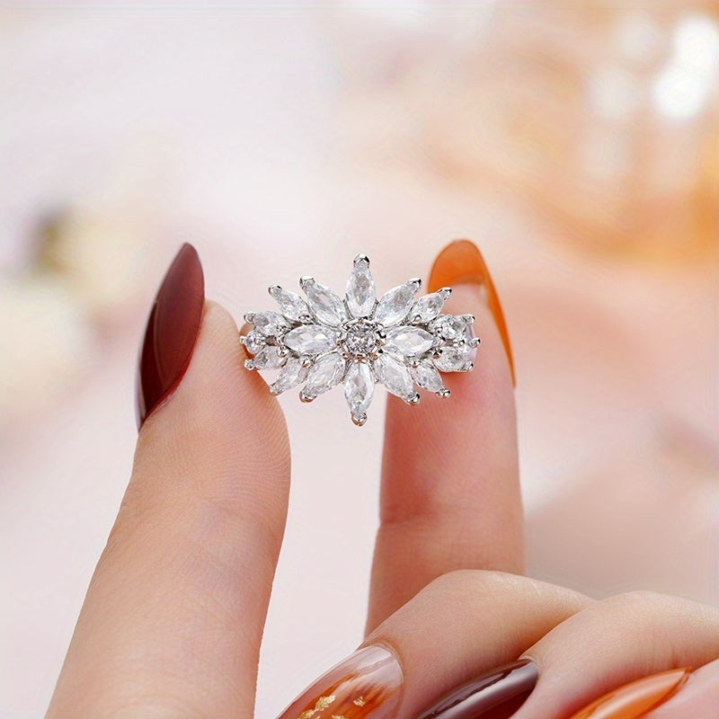 Exquisite silver plated horse eye Zirconia flower ring, Women's wedding proposal romantic party ring jewelry