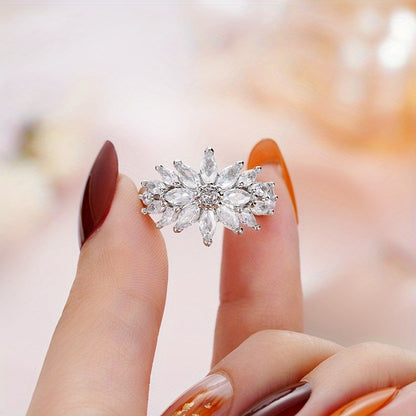 Exquisite silver plated horse eye Zirconia flower ring, Women's wedding proposal romantic party ring jewelry