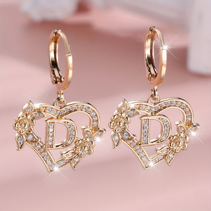 Square diamond heart stud earrings with letter engraving A-Z, synthetic diamond stud earrings, copper ear needles, unplated, with floral design, suitable for women, over 15 years old, university theme