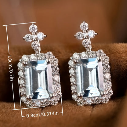Elegant flower design, square sparkling light blue synthetic diamond earrings, vintage style fashion jewelry, suitable for women, events and casual daily wear accessories